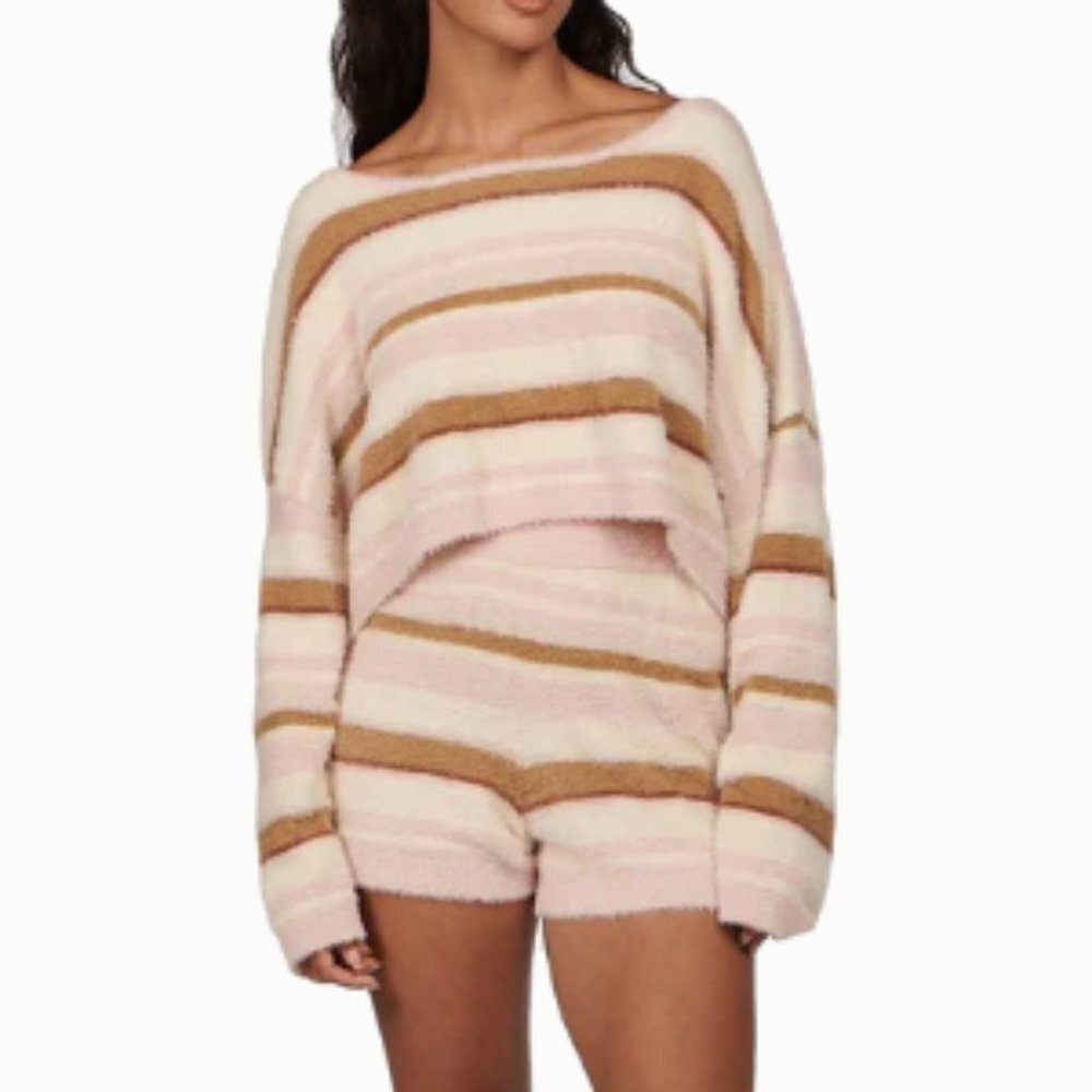 CHARLIE HOLIDAY TELLOW STRIPED FUZZY KNIT LONG SLEEVE CROP TOP - Picture 3 of 7